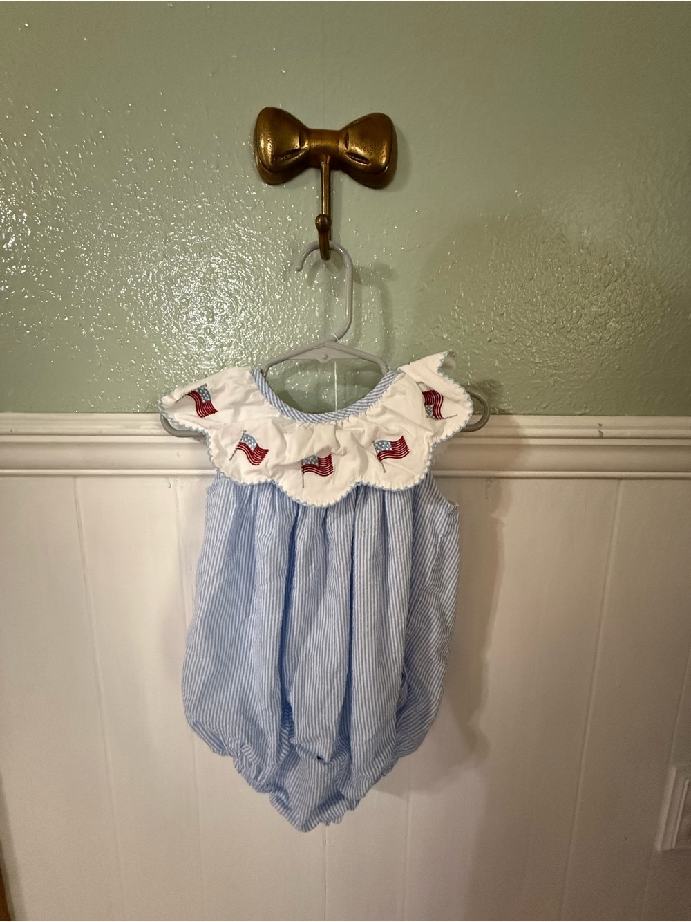 Stitchy Fish Blue Striped Baby Bubble Romper with Flag-Embroidered Ruffle Collar